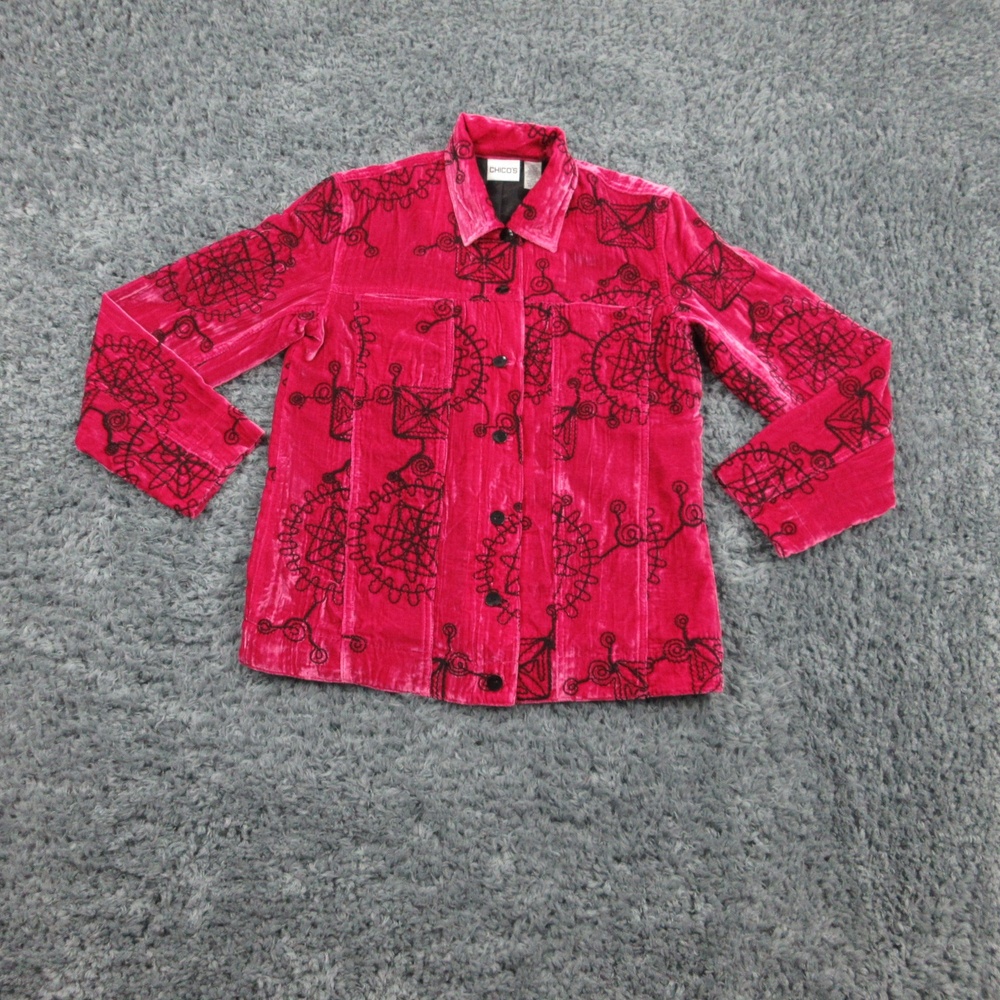 Chicos Jacket Womens 1 Embroidered Velvet Button Up Boho Statement Blazer Coat